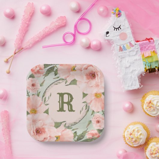 Peach Rose auf Sage Green Personalisiert Pappteller (Party)