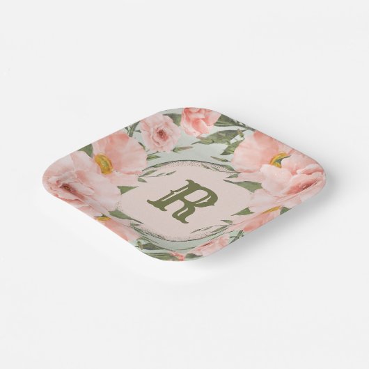 Peach Rose auf Sage Green Personalisiert Pappteller (Gewinkelt)