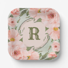 Peach Rose auf Sage Green Personalisiert Pappteller