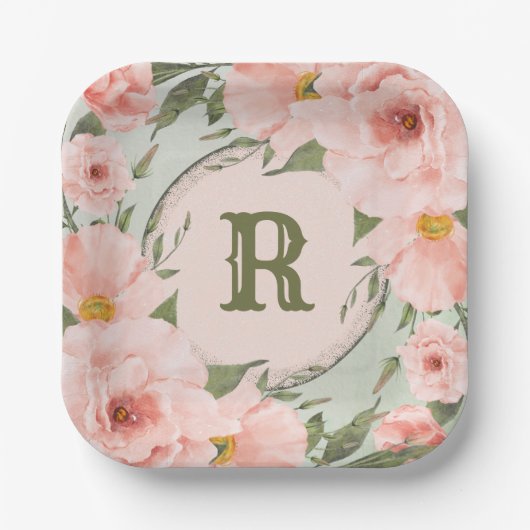 Peach Rose auf Sage Green Personalisiert Pappteller (Vorderseite)