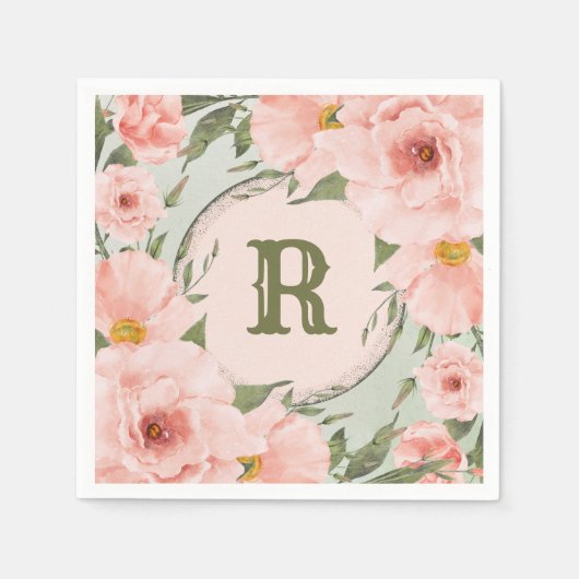 Peach Rose auf Sage Green Personalisiert Serviette (Vorderseite)