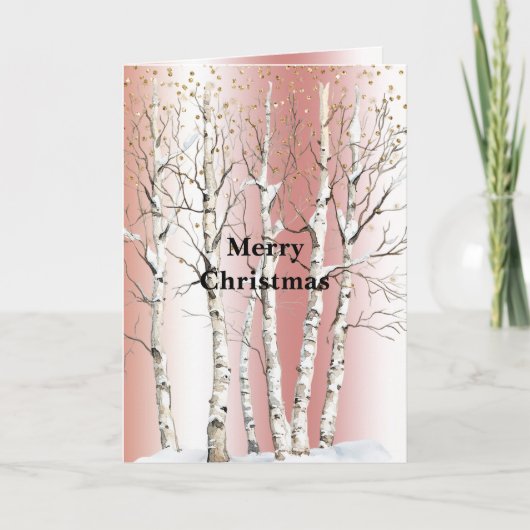 Peach Rose Birch Trees Gold Glitter Christmas Karte (Vorderseite)