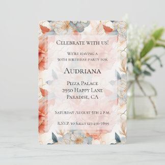 Peach Rose Blue Floral White Marble Geburtstag Einladung