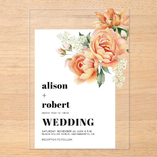 Peach Rose Blume Blumenstrauß Acryleinladungen (Vorderseite)