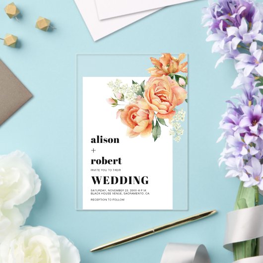 Peach Rose Blume Blumenstrauß Acryleinladungen (In Situ (Hochzeit))