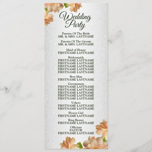 Peach Rose Blumensilber Glitzer Elegante Hochzeit Programm (Rückseite)