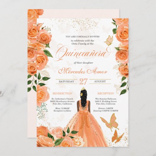 Peach Rose Butterfly Quinceanera Einladung (Vorne/Hinten)