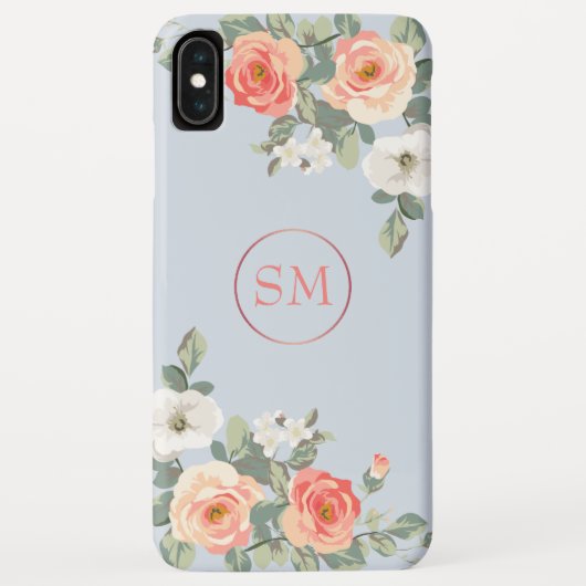 Peach Rose Dusty Blue Floral Monogram Case-Mate iPhone Hülle (Rückseite)