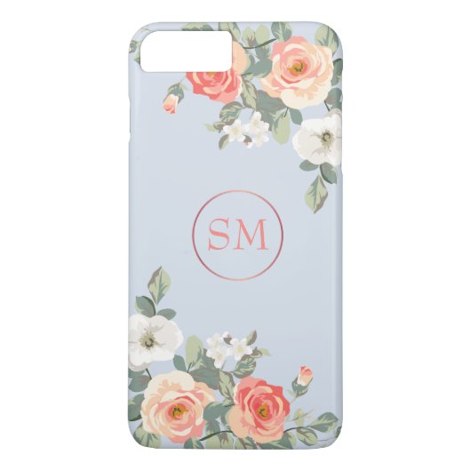 Peach Rose Dusty Blue Floral Monogram Case-Mate iPhone Hülle (Rückseite)