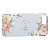 Peach Rose Dusty Blue Floral Monogram Case-Mate iPhone Hülle (Rückseite (Horizontal))
