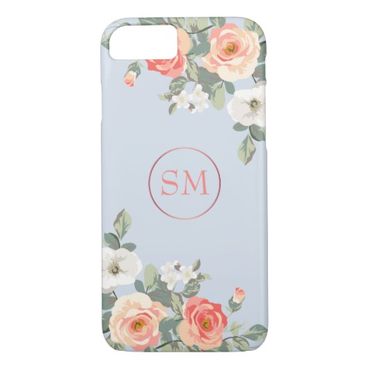 Peach Rose Dusty Blue Floral Monogram Case-Mate iPhone Hülle (Rückseite)