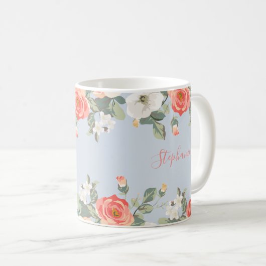 Peach Rose Dusty Blue Floral Personalisiert Kaffeetasse (VorderseiteRechts)