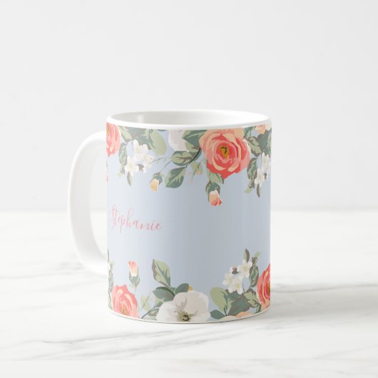 Peach Rose Dusty Blue Floral Personalisiert Kaffeetasse (Vorderseite Links)