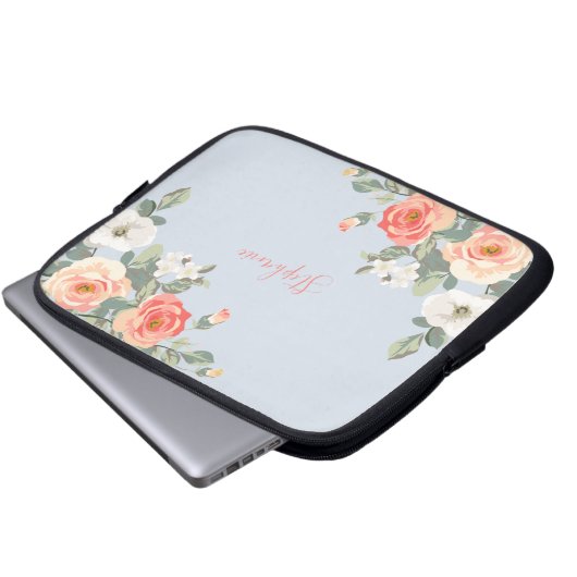 Peach Rose Dusty Blue Floral Personalisiert Laptopschutzhülle (Vorne Knopf)