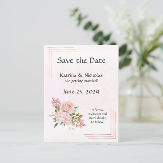 Peach Rose Elegante Hochzeit Save the Date Einladungspostkarte (Stehend Vorderseite)