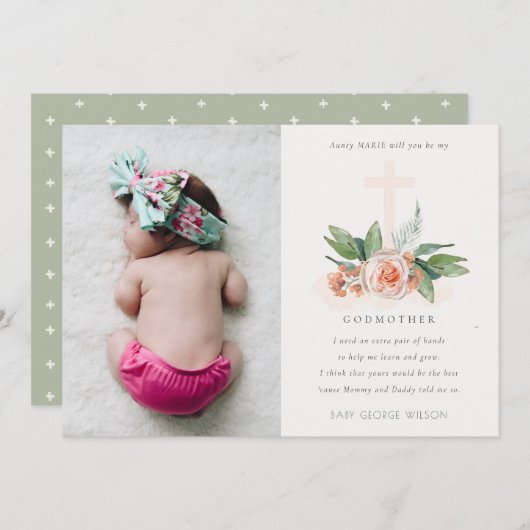 Peach Rose Floral Foto Godmutter Vorschlag einlade Dankeskarte (Vorne/Hinten)