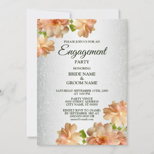 Peach Rose floral Silver Glitzer Engagement Party Einladung (Vorderseite)