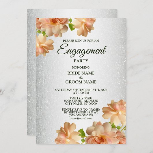 Peach Rose floral Silver Glitzer Engagement Party Einladung (Vorne/Hinten)