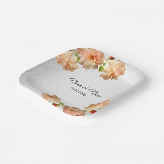 Peach Rose Floral Silver Glitzer Hochzeitsfeier Pappteller (Gewinkelt)