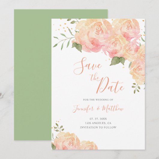 Peach Rose Floral Wedding Save the Date Card (Vorne/Hinten)
