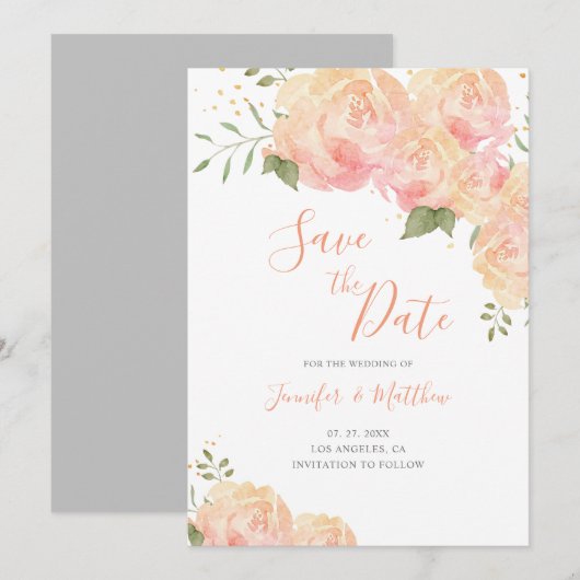 Peach Rose Floral Wedding Save the Date Card (Vorne/Hinten)