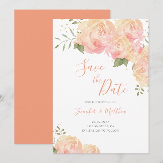 Peach Rose Floral Wedding Save the Date Card (Vorne/Hinten)