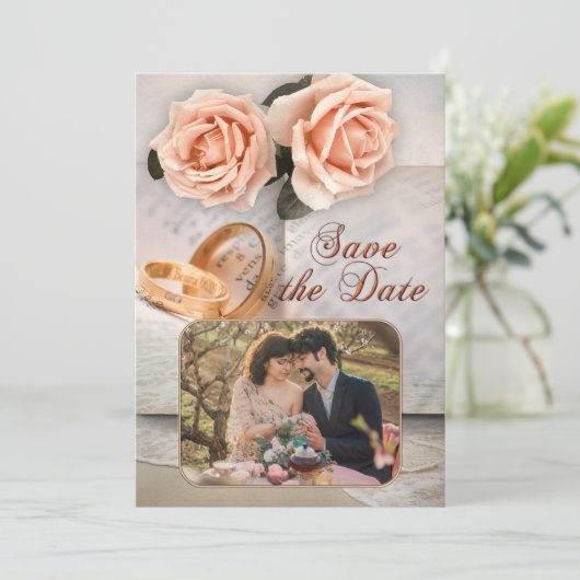 Peach Rose Foto Book Lovers Save the Date Karte (Stehend Vorderseite)