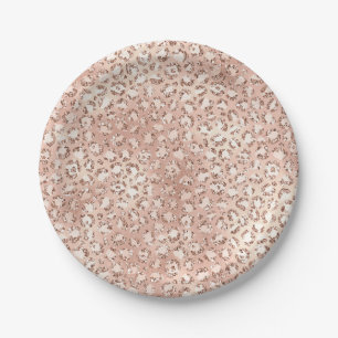 Peach Rose Gold Blush Pink Glitz Leopard Print Pappteller