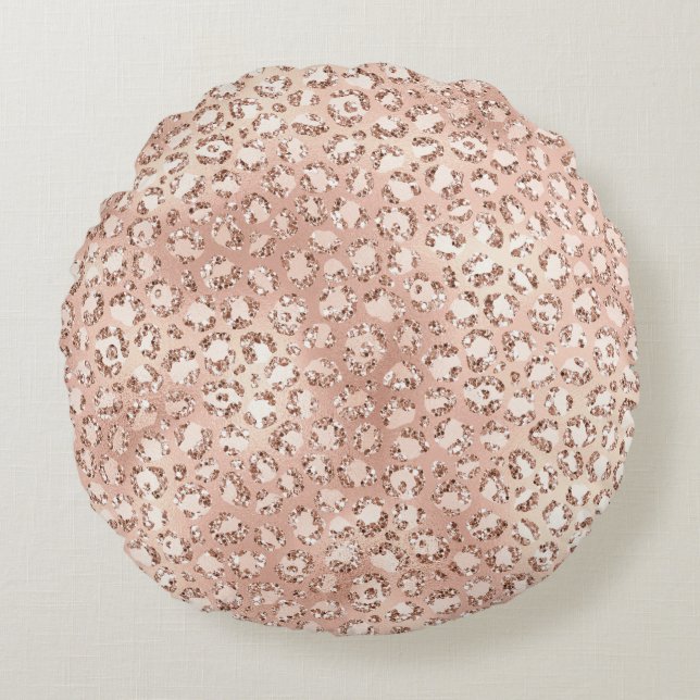 Peach Rose Gold Blush Pink Glitz Leopard Print   Rundes Kissen (Vorderseite)