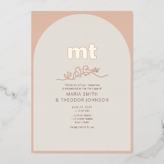 Peach Rose Gold Foil Wedding Einladung + QR (Vorderseite)