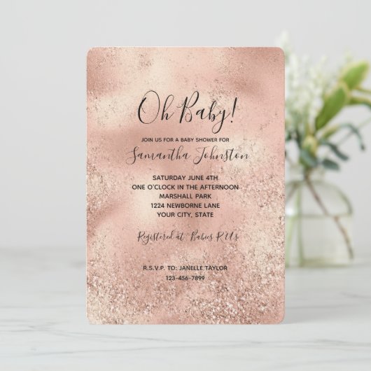 Peach Rose Gold Glitzy Glitzer Einladung (Stehend Vorderseite)