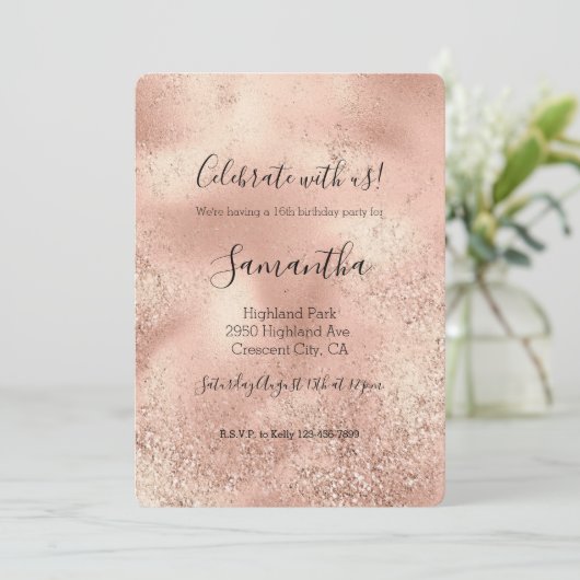 Peach Rose Gold Glitzy Glitzer Einladung (Stehend Vorderseite)