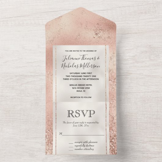 Peach Rose Gold Glitzy Glitzer Luxe White All In One Einladung (Innen Boden)