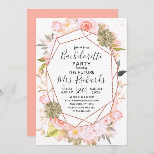 Peach & Rose Gold Junggeselinnen-Abschied Einladun Einladung (Vorne/Hinten)
