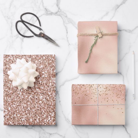 Peach Rose Gold Luxe Glitzer Geschenkpapier Set (Vorderseite)