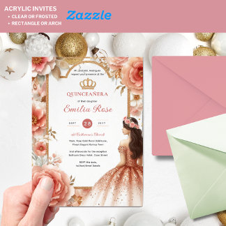 Peach Rose Gold Quinceañera Kleid Blumenzange Acryleinladungen