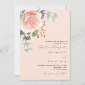 Peach Rose Goldfloralen Grüne QR UAWG Hochzeit Einladung (Vorderseite)