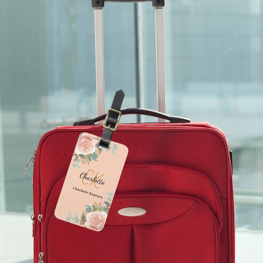 Peach Rose Goldflorchen monogramm elegant Gepäckanhänger