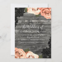 Peach Rose Gray Rustic Wood Black Lace Hochzeit