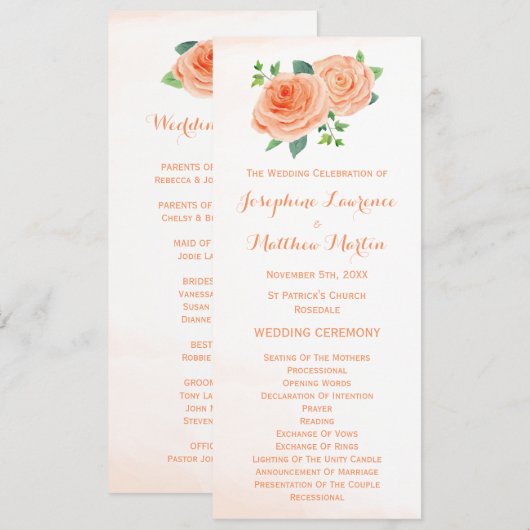 Peach-Rose Hochzeitsprogramme für Wasserfarben Programm (Vorne/Hinten)