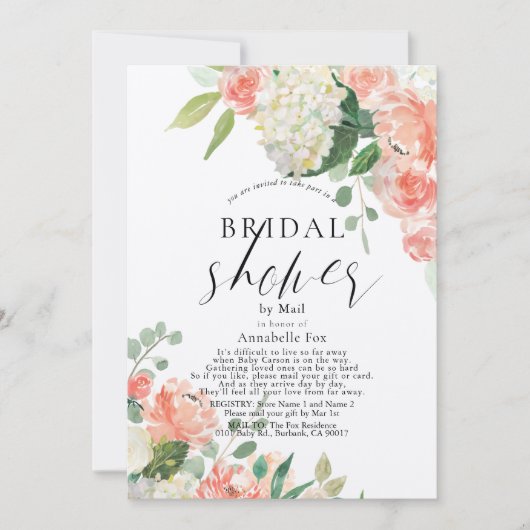 Peach Rose & Hydrangea Brautparty per Post Einladung (Vorderseite)