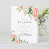 Peach Rose & Hydrangea Pink Girl Taufe Einladung (Stehend Vorderseite)