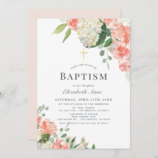 Peach Rose & Hydrangea Pink Girl Taufe Einladung (Vorne/Hinten)