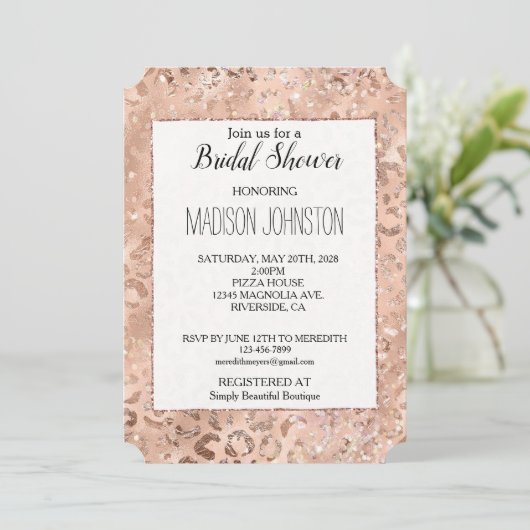 Peach Rose Leopard Glitz Einladung (Stehend Vorderseite)