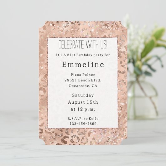 Peach Rose Leopard Glitz Einladung (Stehend Vorderseite)