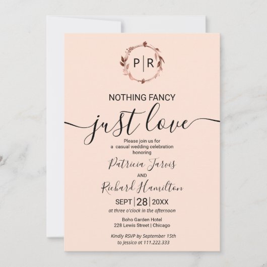 Peach Rose Monogram Calligrafy Foto Wedding Einladung (Vorderseite)