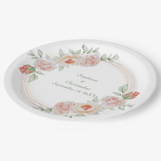 Peach Rose Rosa Rosa Rosa Rosa Goldrahmen Hochzeit Pappteller (Schrägansicht)