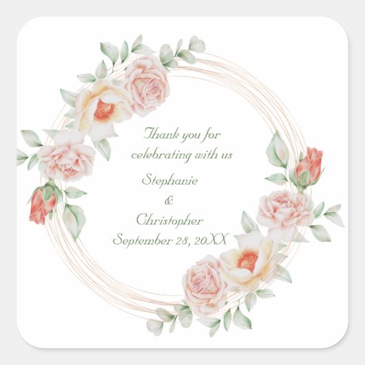 Peach Rose Rosa Rosa Rosa Rosa Goldrahmen Hochzeit Quadratischer Aufkleber (Vorderseite)