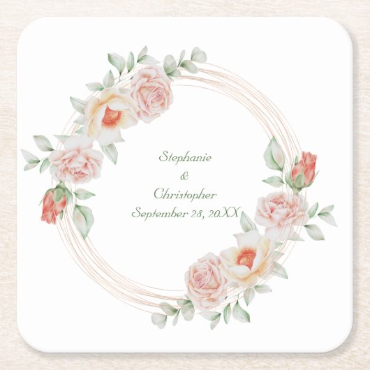 Peach Rose Rosa Rosa Rosa Rosa Goldrahmen Hochzeit Rechteckiger Pappuntersetzer (Vorderseite)