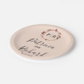 Peach Rose Rose Goldfolie Monogram Wedding Pappteller (Schrägansicht)